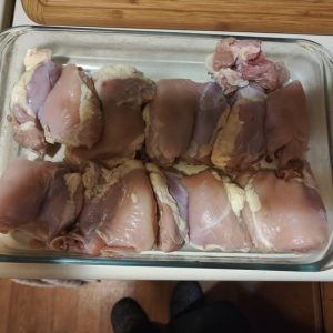 Batch-cooked chicken thighs